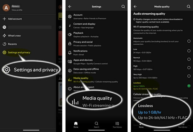 spotify mobile settings and privacy media quality lossless