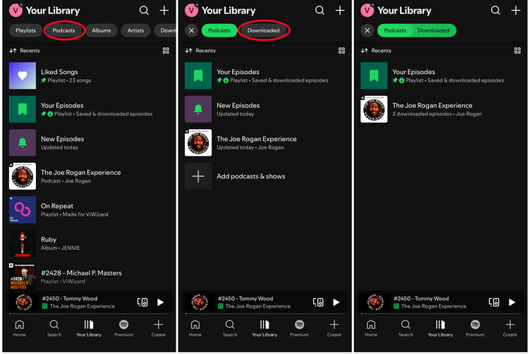 spotify mobile your library podcasts downloaded