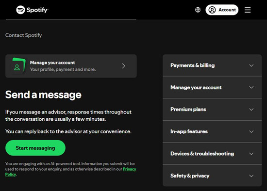 spotify support send a message