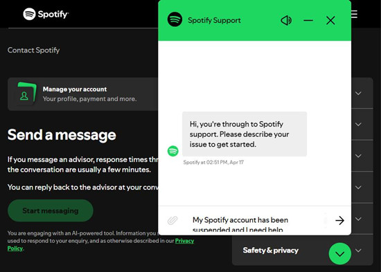 spotify support start messaging