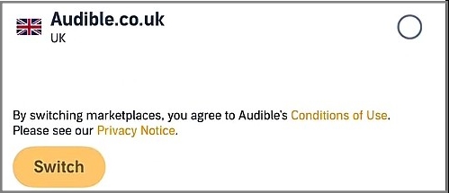 tap the switch button to confirm your marketplace choice in audible app