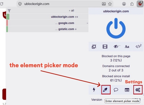 the dashboard of ublock origin extension on firefox