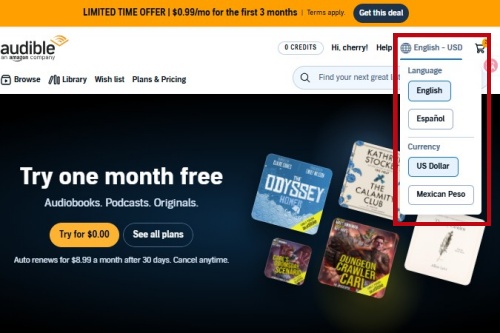 the language drop down menu on audible