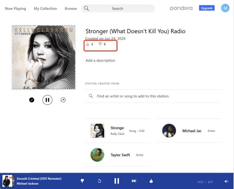thumb up and down of pandora station