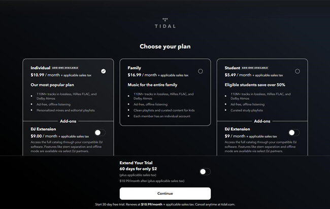 tidal choose your plan