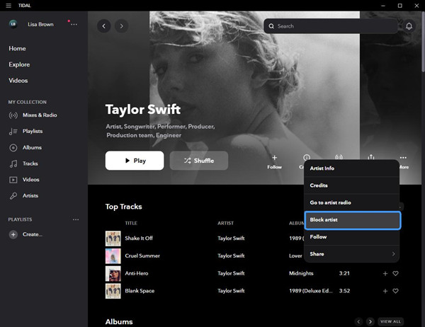 tidal desktop artist more block artist