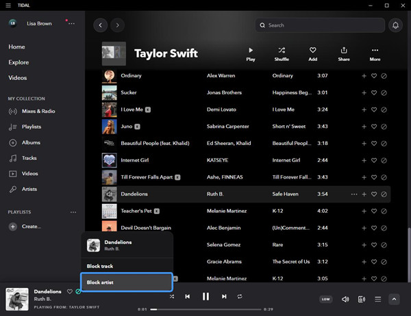 tidal desktop artist aradio now playing block artist
