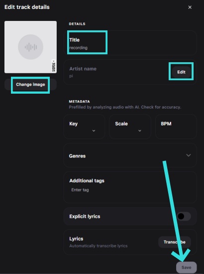 tidal upload edit page