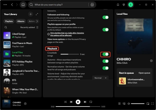 toggle on spotify playback crossfade songs