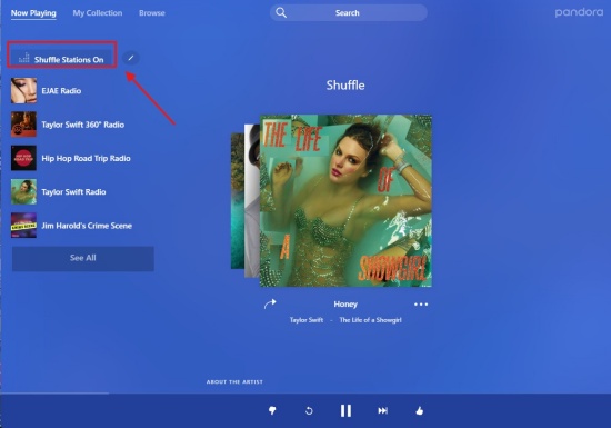 toggle shuffle off on the now playing bar