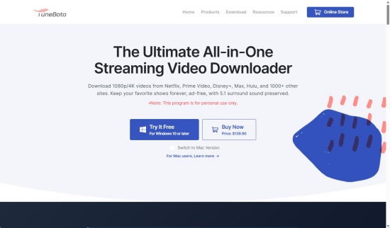 tuneboto all in one streaming video downloader web page