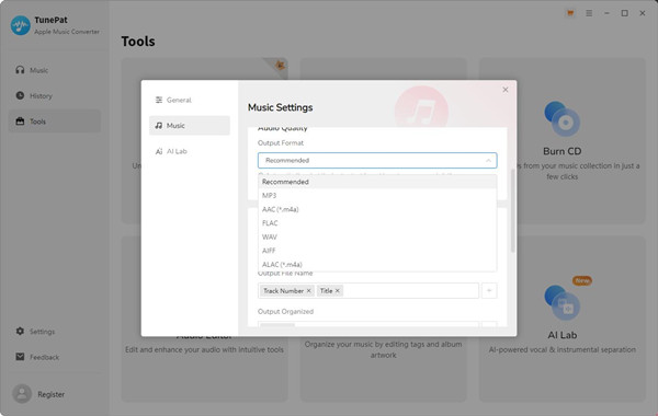 tunepat apple music converter music settings