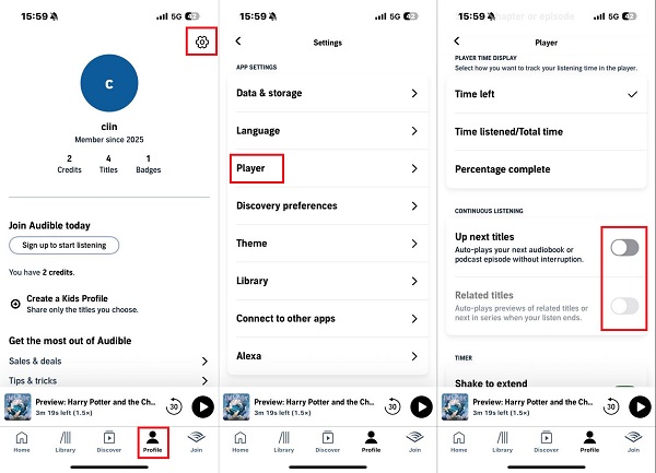 turn off audible continuous listening