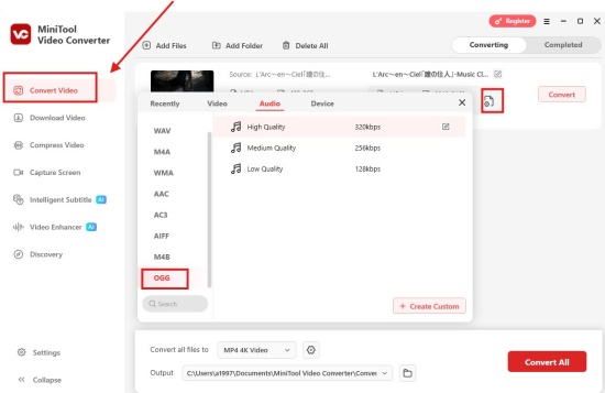 use minitool to convert youtube video to ogg