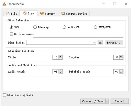 vlc media player open media disc dvd browse