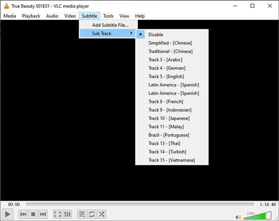 vlc media player subtitle sub track