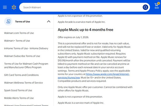 walmart apple servcies terms and conditions apple music free