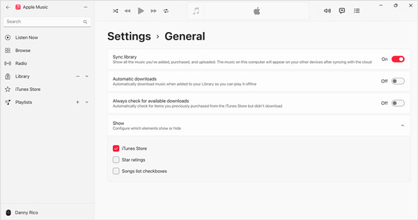 winodws 11 apple music settings general sync library