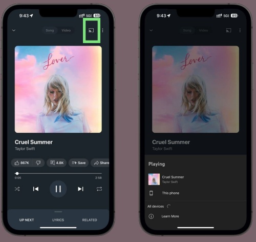 youtube music app now playing screen cast device