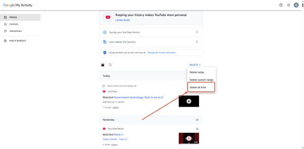 youtube music delete all the time