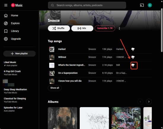 youtube msuic dislike songs on profile page