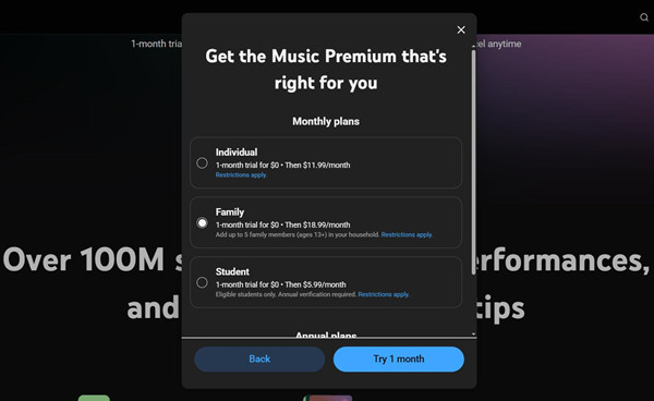 youtube music subscription plans