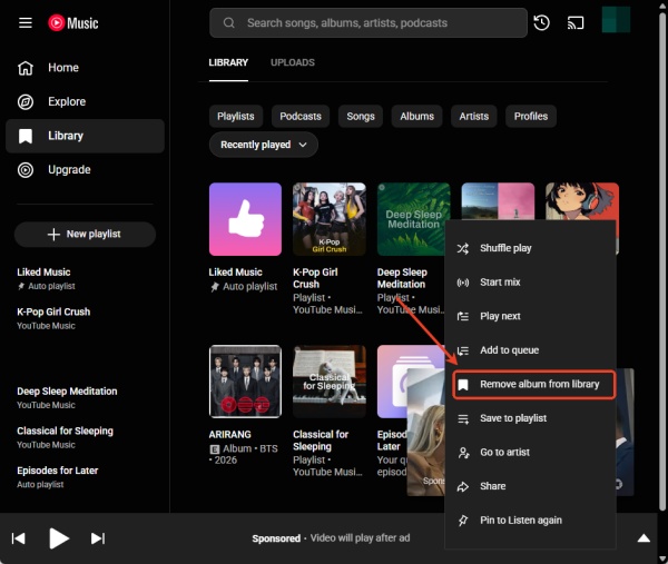 youtube music web remove album from library