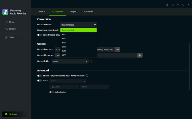 choose output format and audio quality